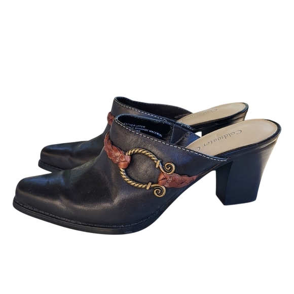 Coldwater Creek Shoes - Coldwater Creek Black & Brown Leather Block Healed Mules Western Design Size 6